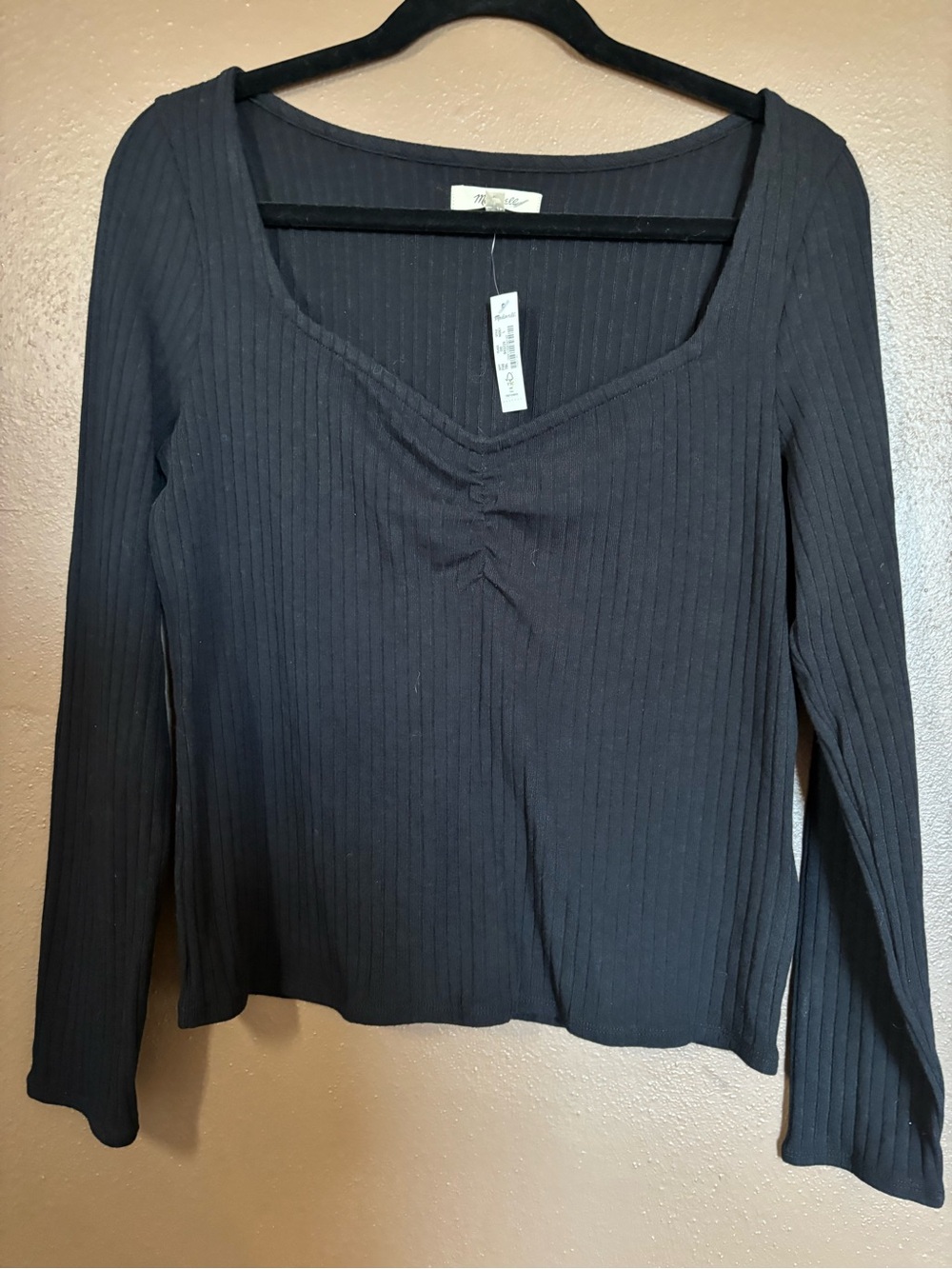 NEW MADEWELL LARGE Ribbed Long-Sleeve Scoop Neck Top - Black